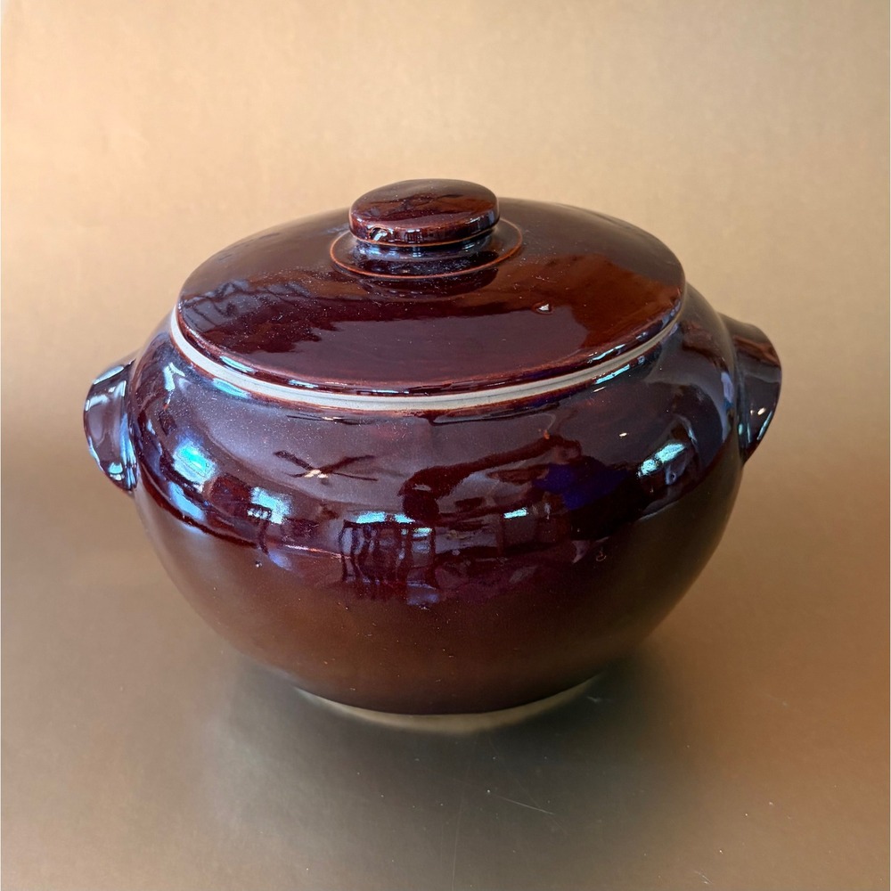 Vintage USA Pottery Brown Glazed Bean Pot with Lid Stoneware Casserole Dish 8in